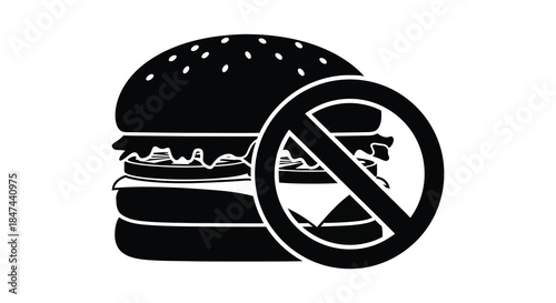 A striking black and white image of a burger with a prohibition symbol a bold silhouette