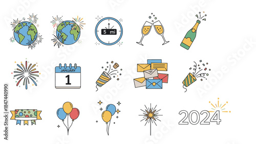 Flat lay of a Happy New Years icon set with various festive elements including globe, champagne, fireworks, calendar, gifts, balloons, and 2024 on a clean white background.