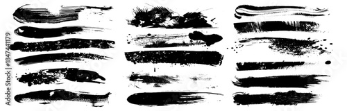 Set of ink splashes black grunge paint brush strokes on a white background. abstract ink textures, rough dry-brush marks, splatters and smudges, hand-painted acrylic and ink style.
