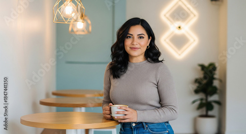 Young woman enjoying coffee in modern cafe setting