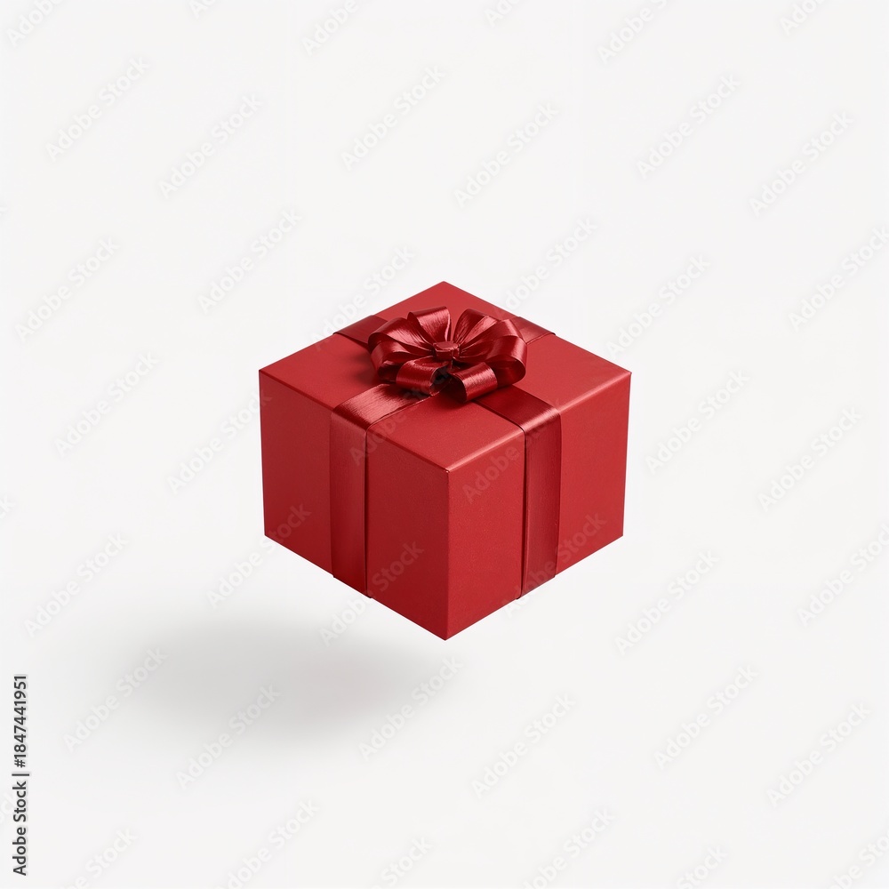 Fototapeta premium A square red gift box with a matching red satin ribbon and bow, floating with a subtle shadow on a clean white backdrop. 