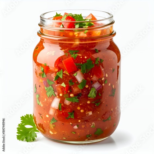 Vibrant salsa in glass jar presented against a clean white background perfect for advertising