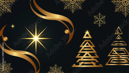 Glamorous golden festive vector background with sparkling star, elegant abstract geometric trees, and shimmering snowflakes, perfect for refined holiday projects