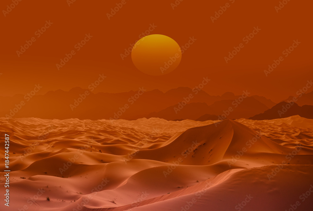 Obraz premium Sand dunes in the Sahara Desert at amazing sunrise, Merzouga, Morocco - Orange dunes in the desert of Morocco - Sahara desert, Morocco