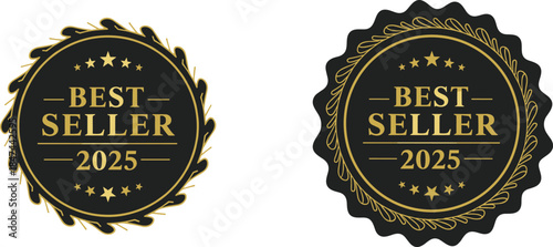 Best seller badge, 2025 product label, black gold emblem, premium endorsement seal, ornate and scalloped design, marketing stamp, retail highlight