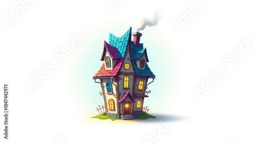 Vibrant, quirky cartoon house with a colorful roof, glowing windows, and smoke from the chimney, isolated on a light background.