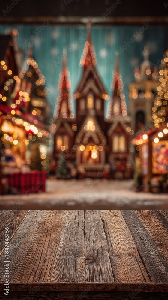 Fototapeta premium A cozy, festive scene featuring Christmas-themed buildings adorned with lights, creating a warm holiday atmosphere.
