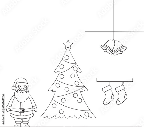 A festive Christmas scene featuring Santa Claus standing beside a decorated tree with hanging stockings and a hanging bell nearby indoors