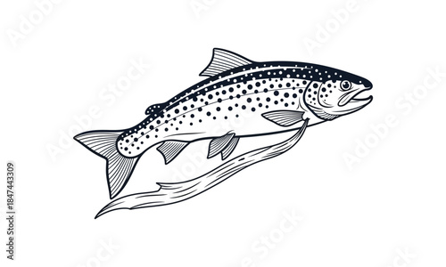 Black and white trout fish illustration swimming with aquatic plant