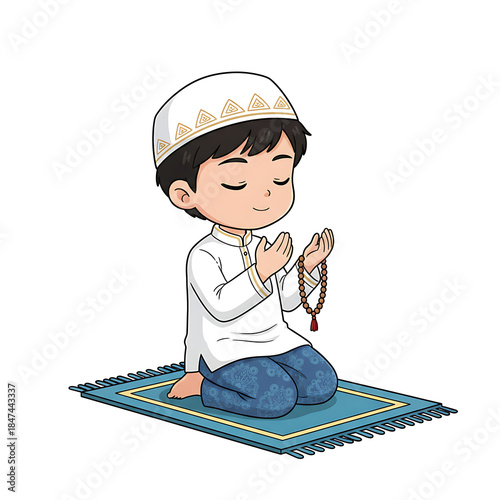 Naklejka Pious Muslim Boy Character Praying on a Prayer Mat with Tasbih Beads