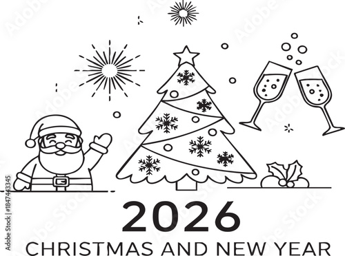 Santa Claus Celebrating Christmas and New Year with Decorated Tree and Champagne