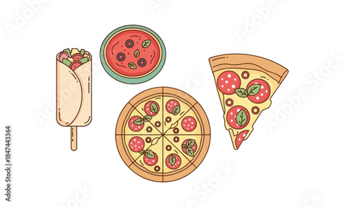 Delicious fast food collection with wrap pizza and pizza slice illustration