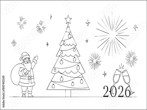 Santa stands beside a decorated Christmas tree with fireworks exploding around it on a white background