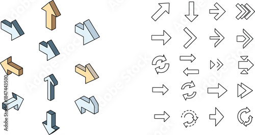 3D and outline arrow icon set, directional symbols for UI, navigation, motion design, vector arrows for graphic interface elements
