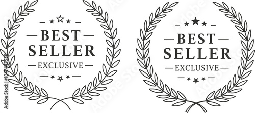 Best seller badge, exclusive product label, black laurel wreath emblem, minimalist endorsement seal, premium stamp design, retail highlight graphic