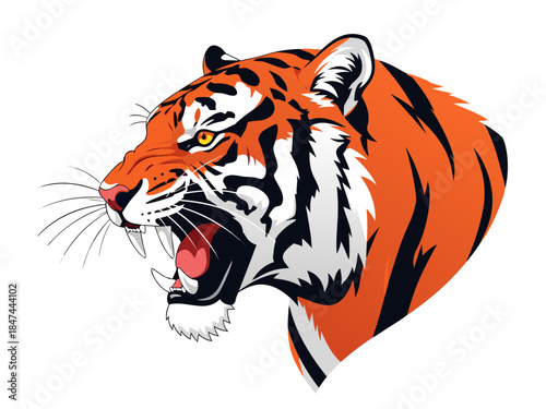 A fierce tiger with its mouth open, showing sharp teeth and a powerful roar, with striking orange and black stripes.
