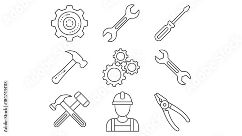 Essential line icons showcasing various construction and mechanical tools for repair and maintenance tasks