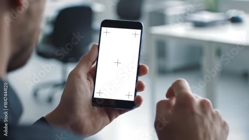 Man Using Smartphone with Blank Screen in Office