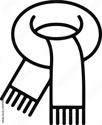 Winter scarf icon line illustration, Minimal black line icon showing a warm scarf wrapped around the neck, symbolizing winter clothing, cold weather protection, and seasonal fashion.

