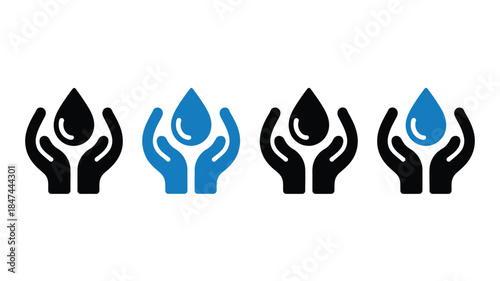 Four simple graphic illustrations depict hands holding precious water drops for global resource protection