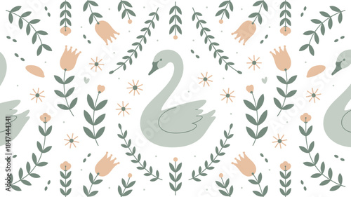 Gentle pastel seamless pattern with swans, abstract flowers, and delicate green botanical elements