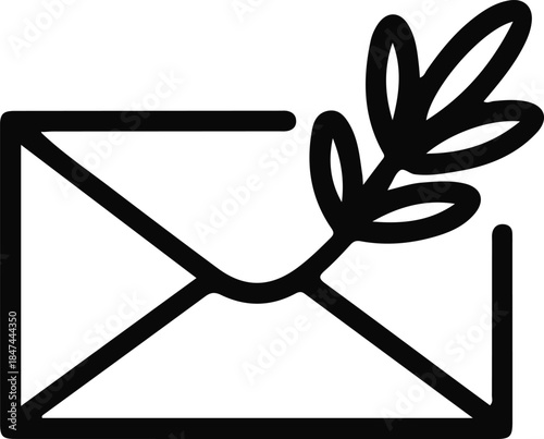 Envelope with Leaf Line Icon, Minimal black and white line icon of an envelope with a leaf branch, symbolizing eco friendly messaging, greeting cards, and personal communication.

