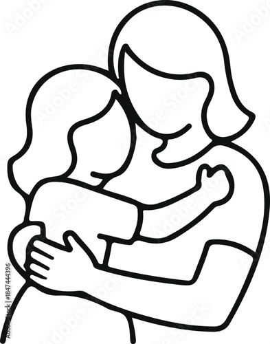 Mother Hugging Child Line Art Illustration, Minimal black and white line illustration of a mother holding and hugging her child, expressing love, care, and emotional bonding.

