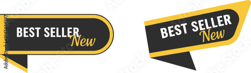 Best seller label, new product tag, black yellow ribbon badge, modern promotional graphic, angled retail sticker, bold marketing design