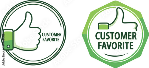 Customer favorite badge, thumbs up icon, green approval symbol, best seller label, product endorsement graphic, popular choice emblem, retail highlight