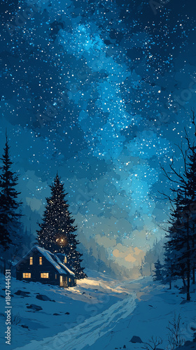 Winter night landscape with cozy cabin under starry sky illustration
