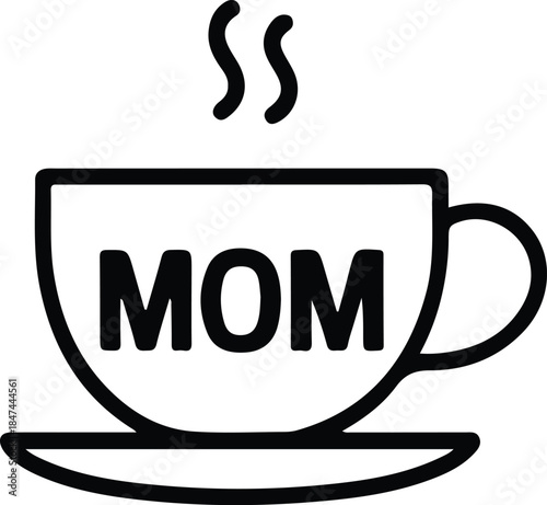 Mom coffee cup love line icon, Minimal black line illustration of a coffee cup with steam and the word mom, symbolizing love, warmth, daily routine, and motherhood.

