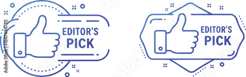 Editor’s pick badge, blue thumbs-up icon, geometric label design, dotted decorative elements, recommended content stamp, modern approval graphic, featured tag