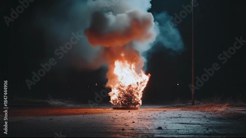 A burning Christmas tree creates a surreal and dramatic scene.