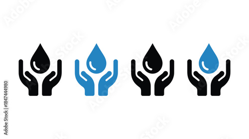 Minimalist icons show human hands cradling clean water droplets, symbolizing care and preservation