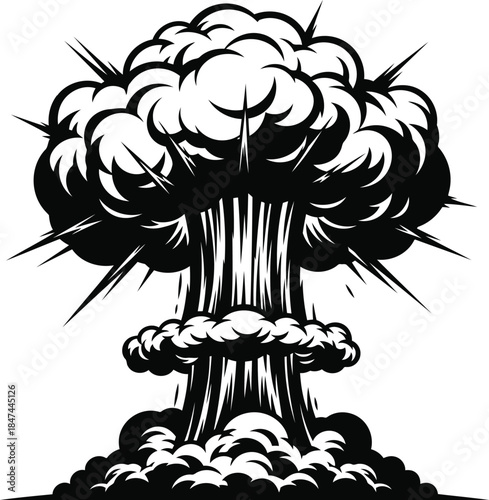 Black and white mushroom cloud explosion graphic bomb