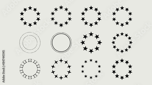 Multiple circular arrangements of black stars and simple circle frames on a light grey background