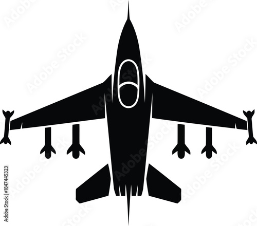 Black silhouette of a fighter jet with missiles airplane