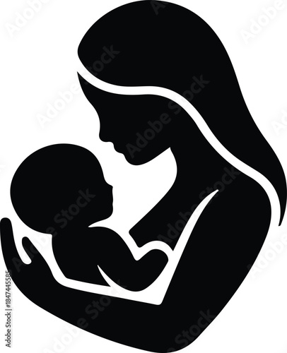 Mother Holding Baby Silhouette Icon, Black silhouette icon of a mother holding her baby, symbolizing motherhood, love, care, bonding, and family connection in a minimal design.

