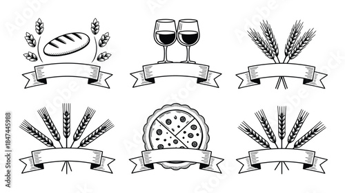 Six outline style food and beverage icons including bread, wine glasses, pizza, and wheat with ribbons