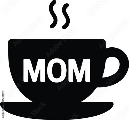 Mom Coffee Cup Silhouette Typography Icon, Black silhouette illustration of a steaming coffee cup with MOM text, symbolizing motherhood, warmth, daily routine, and appreciation for moms.


