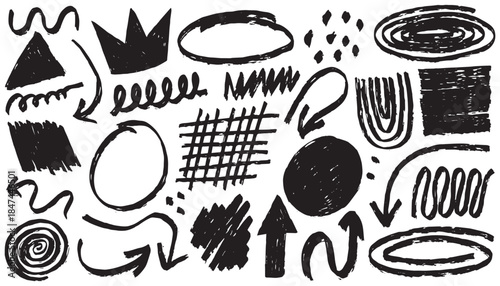 Doodle product stock photos. Arrow line hand drawn brush set grunge vector doodle collection. Pen lines, arrows and scribbles at grid notebook background. Crayon drawn note for hand drawn diagram
