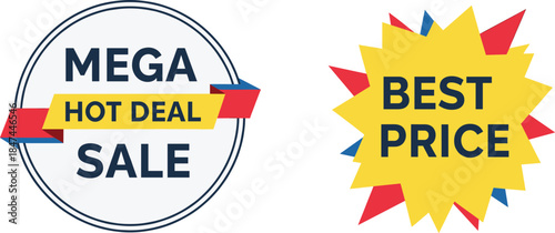 Promotional badge and starburst graphic, hot deal and best price labels, retail marketing design, cad drawing flat vector illustration