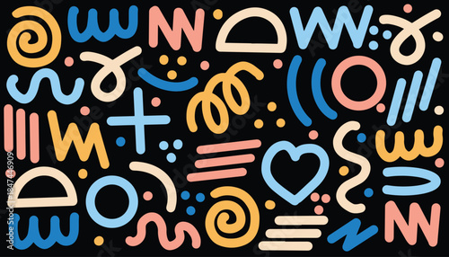 Collection colorful bold curved lines seamless pattern with loops isolated on white. Hand drawn grunge wavy and fun swirl brush strokes. Simple childish vector scribbles and squiggles with basic shape