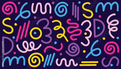 Collection colorful bold curved lines seamless pattern with loops isolated on white. Hand drawn grunge wavy and fun swirl brush strokes. Simple childish vector scribbles and squiggles with basic shape