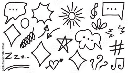 Crayon drawn doodle set shapes line and simple vector. Comic speed and motion concept. Doodle Elements: Arrows, hearts, stars, sun, scribble. Cute handwritten icons of emotions. Directional signs 