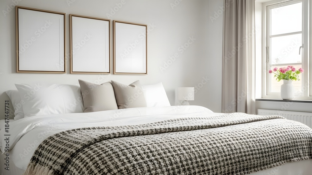 Fototapeta premium Cozy bedroom with white and beige tones and a large window