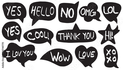 Black set of speech bubbles cartoon. Various forms of windows, clouds for chat, messages with short phrases. Vector elements for text on a white.  Conversation icons. Online chat stickers, Dialog box