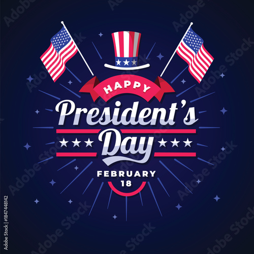 Patriotic Presidents Day design with stars and American symbols, ideal for holiday promotions, banners, educational and political themes.