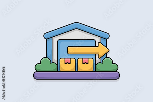 A warehouse with an arrow indicating outgoing goods.