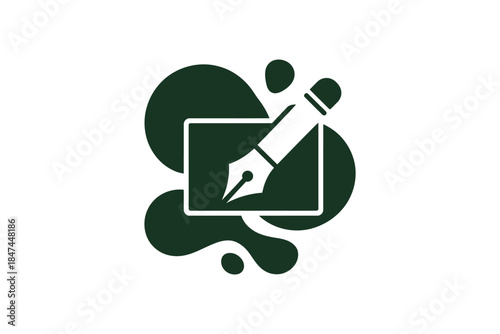 A fountain pen writes within a square against a background of abstract shapes.